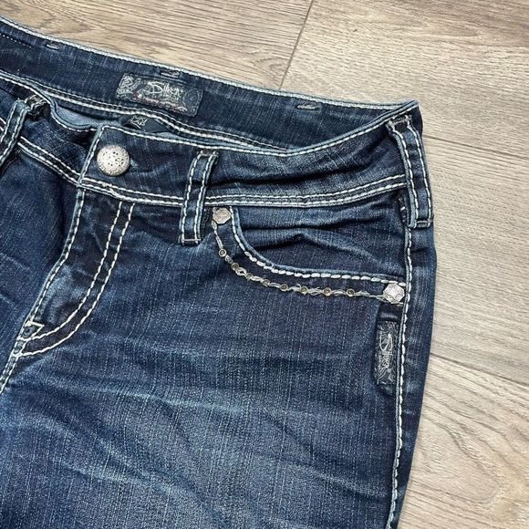 5/$20 Silver Suki Flap Bootcut Flare Jeans Womens 30x32 Mid Rise Rhinestones - Picture 5 of 13